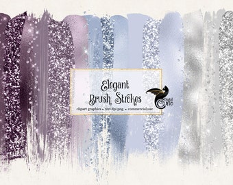 Elegant Brush Strokes Clipart, with blue glitter and purple foil in digital PNG format instant download for commercial use
