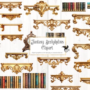 May include: A selection of ornate, gold-coloured fantasy bookshelves clipart. The image features various shelf designs with intricate scrollwork and decorative elements, alongside stacks of vintage books. The text "Fantasy Bookshelves Clipart" is also visible.