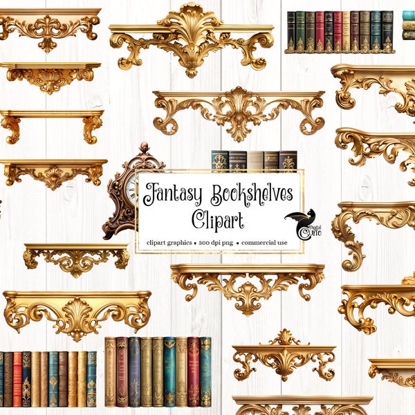 Fantasy Bookshelves Clipart - wizard book stacks and shelves PNG format instant download for commercial use