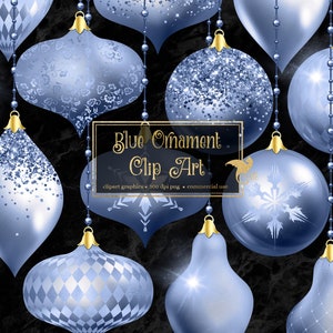 Blue Christmas Ornaments Clipart, digital glitter Christmas ball ornament clip art in png format for commercial use