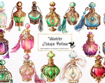 Watercolor Antique Perfume Bottles Clipart - jewel cottagecore PNG format instant download for commercial use