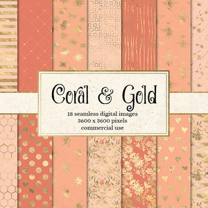 Coral and Gold Digital Paper Pink and Gold, Peach Digital Paper, Blush and Gold Scrapbook Paper Pack Instant Download Backgrounds image 1