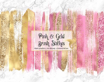 Pink and Gold Brush Strokes Clipart, Glitter Foil (Digital PNG)
