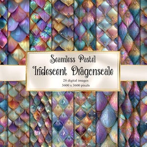 May include: A collection of twenty-eight digital images featuring a seamless pastel iridescent dragon scale pattern. The text on the central banner reads Seamless Pastel Iridescent Dragonscale, 28 digital images, 3600 x 3600 pixels.