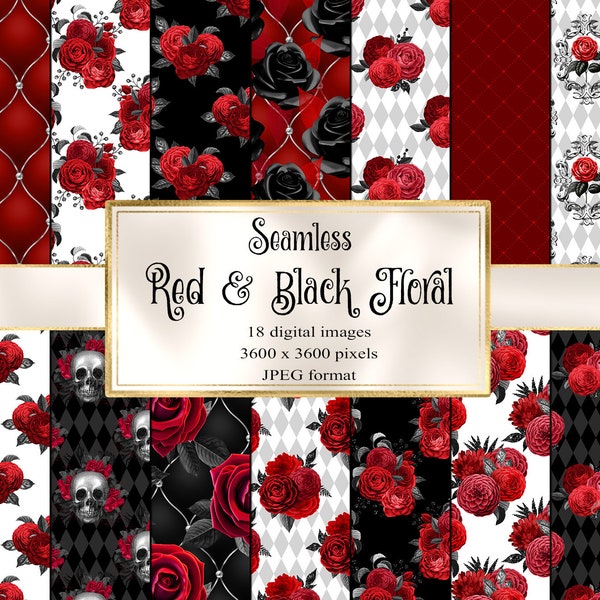 Red and Black Floral digital paper, seamless Gothic rose printable scrapbook paper for commercial use