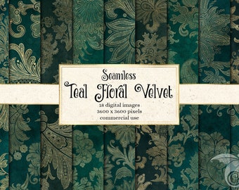 Teal Velvet Floral Digital Paper, Gold Damask Patterns (Digital Download)
