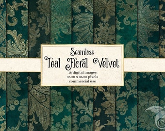 Teal Floral Velvet Digital Paper, seamless gold damask flower patterns on vintage velvet instant download for commercial use