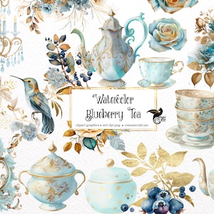 Aquarell Blaubeere Tee Clipart, blau und gold Teetassen, Garten Tee Clip Art PNG Grafiken sofortiger Download für kommerzielle Nutzung