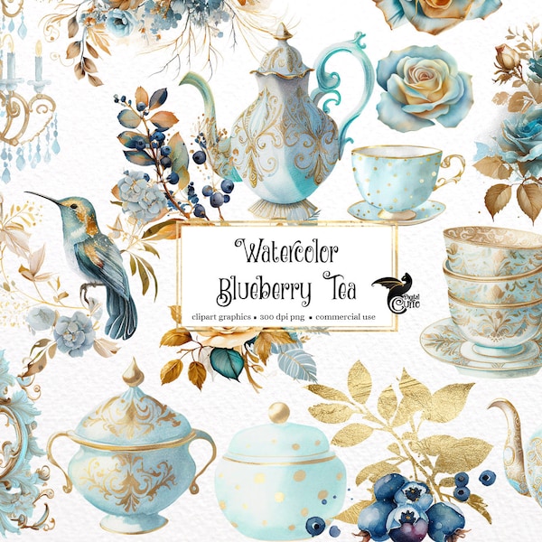 Watercolor Blueberry Tea Clipart, blue and gold tea cups, garden tea clip art PNG graphics instant download for commercial use