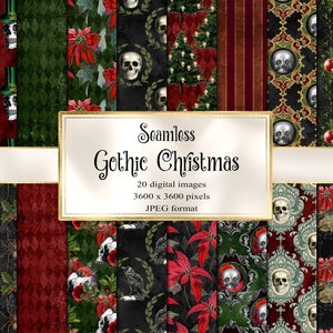 May include: A collection of seamless digital images with a Gothic Christmas theme. The designs feature skulls, poinsettias, and other holiday elements in dark, moody colors. The text on the image reads "Seamless Gothic Christmas".