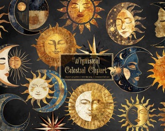 May include: A set of 12 whimsical celestial clipart graphics featuring suns and moons with gold and blue accents. The graphics are perfect for adding a touch of magic to your designs.