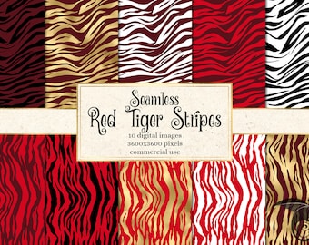 Papier numérique rayures tigre rouge, impression or marron cramoisi (téléchargement numérique)