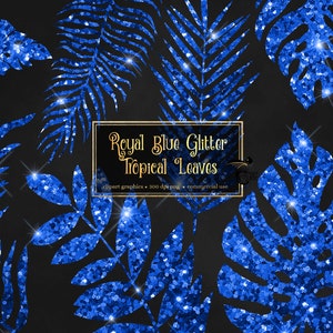 Royal Blue Glitter Tropical Leaves Clip Art - digital glitter leaf graphics in png format instant download for commercial use