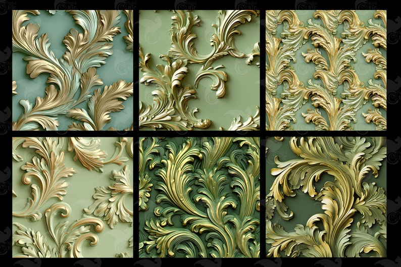 Light Green Rococo Pattern Green and Gold Rococo Digital Paper, Embossed Texture (digital Download ...
