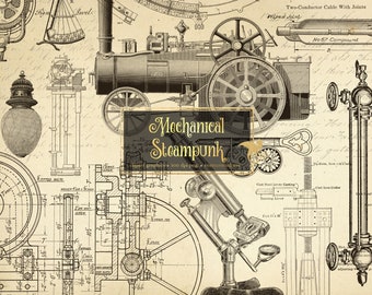 Steampunk engineering clipart, vintage mechanische illustraties (digitale png-download)