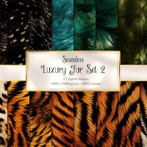 Puede incluir: Imagen digital que muestra una colección de texturas de pieles de lujo sin costuras en varios colores y patrones. La imagen incluye texturas como rayas de tigre, manchas de leopardo y colores lisos. Se muestra el texto "Seamless Luxury Fur Set 2".