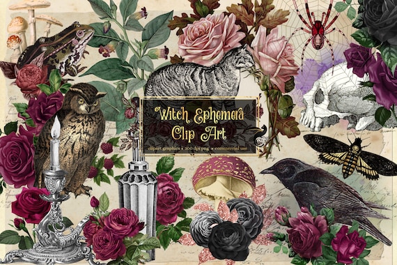 Witch Ephemera Clipart, Vintage Halloween Graphics (Digital Download)