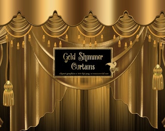 Gold Shimmer Curtains Clipart, digital curtain backdrop clip art graphics, stage curtains, theater drapes, curtain png overlays