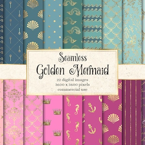 Golden Mermaid Digital Paper, seamless mermaid patterns pink and turquoise printable scrapbook paper backgrounds for commercial use