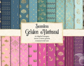 Golden Mermaid Digital Paper, Seamless Scrapbook Patterns (Digital Download)