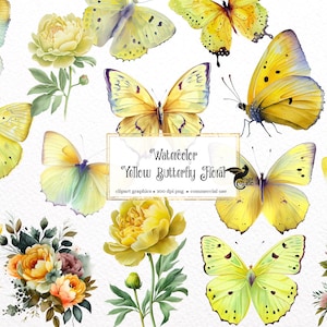 Watercolor Yellow Butterfly Floral Clipart - butterflies and flowers in PNG format instant download for commercial use