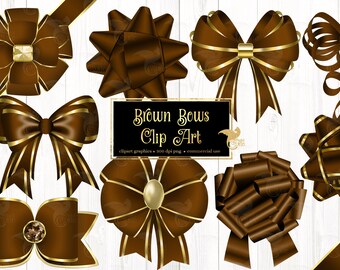 Clipart de laços marrons e dourados – Fita brilhante em PNG (Download digital)