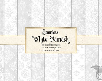 May include: A set of 18 seamless white damask digital papers. Each paper is 3600 x 3600 pixels and is for commercial use.