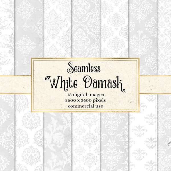 White Damask Digital Paper, seamless damask patterns printable scrapbook paper commercial use