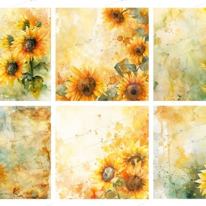 May include: Six watercolor illustrations of sunflowers with a yellow, green, and brown background. The sunflowers are arranged in a corner of each square.