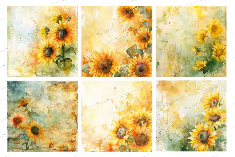 May include: Six watercolor illustrations of sunflowers with a yellow, green, and brown background. The sunflowers are arranged in a corner of each square.