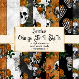 Orange Floral Skulls Digital Paper, seamless Gothic skull patterns with skeletons and flowers for printable instant download commercial use
