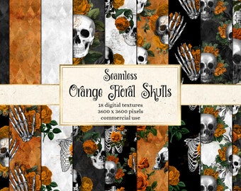 Orange Floral Skull Digital Paper, Gothic Seamless Patterns (Digital Download)