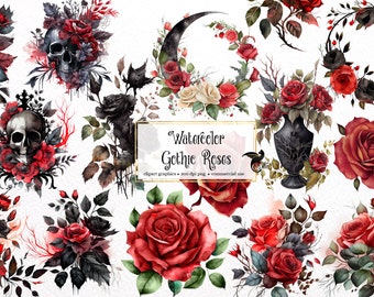 Watercolor Gothic Roses Clipart – Dark Fantasy PNG (Commercial Use)