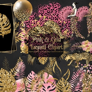 May include: Pink and gold leopard print clipart graphics with tropical leaves and flowers. The clipart includes a leopard print background, a leopard, a tropical leaf, a flower, and a woman in a leopard print dress.