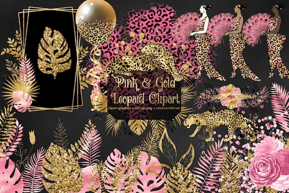 Pink and Gold Leopard Clipart – Tropical Leaves, Fashion Ladies (Instant Download)