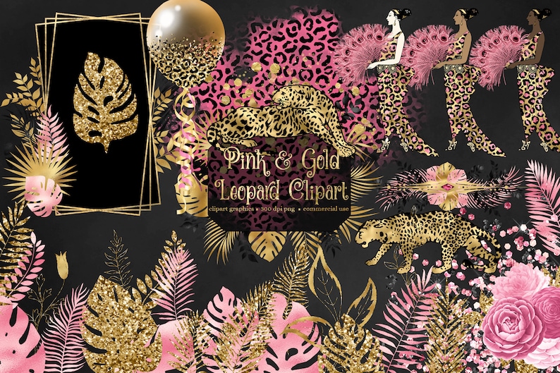 May include: Pink and gold leopard print clipart graphics with tropical leaves and flowers. The clipart includes a leopard print background, a leopard, a tropical leaf, a flower, and a woman in a leopard print dress.
