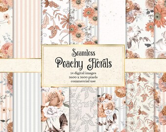 Könnte beinhalten: Ein Set mit 14 digitalen nahtlosen Mustern mit pfirsichfarbenen Blumenmotiven. Die Muster umfassen Streifen, Blumensträuße und komplizierte Muster. Der Text "Seamless Peachy Florals" wird in der Mitte des Bildes angezeigt. Der Text "14 digitale Bilder 3600 x 3600 Pixel kommerzielle Nutzung" wird unter dem Titel angezeigt.