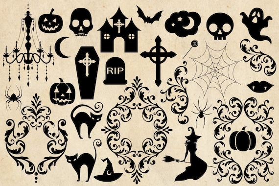 Halloween Silhouette Clipart: Gothic Skulls, Frames (PNG, Vector, EPS, SVG)