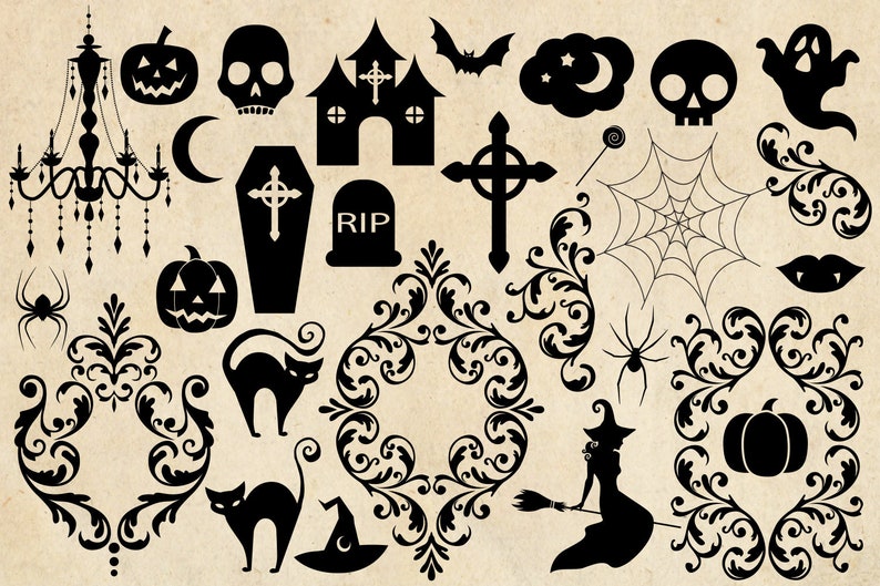 Puede incluir: Un conjunto de im&aacute;genes de clip art de Halloween en blanco y negro. Las im&aacute;genes incluyen una casa encantada, una telara&ntilde;a, una bruja, una calabaza, una calavera, un ata&uacute;d, una cruz, un fantasma, un gato, una ara&ntilde;a y una ara&ntilde;a.