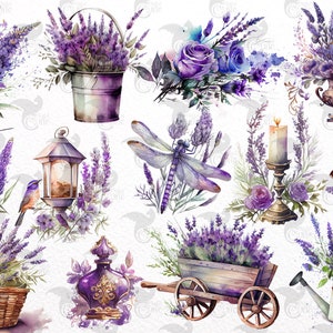 May include: A watercolor illustration featuring lavender flowers in various arrangements, including a bucket, a vase, a watering can, a basket, and a wagon. There are also a hummingbird, a dragonfly, a butterfly, a candle holder, and a bottle of perfume.
