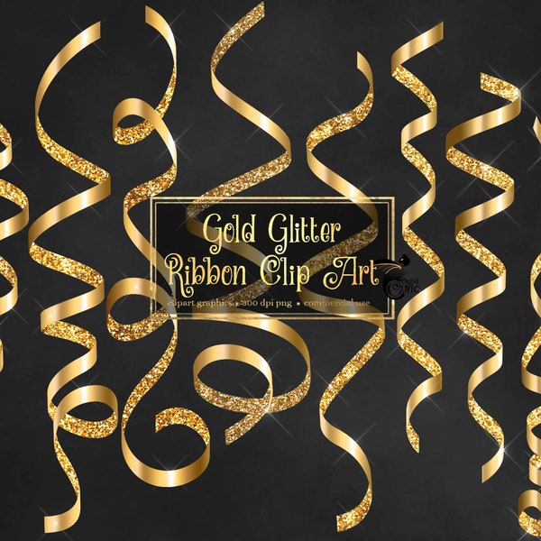 Gold Glitter Ribbon Clip Art - curling ribbons in png format instant download for commercial use