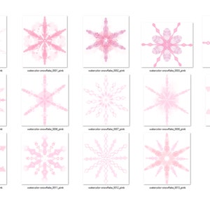 May include: A set of 15 pink watercolour snowflake illustrations. Each snowflake is unique and features a delicate, intricate design.
