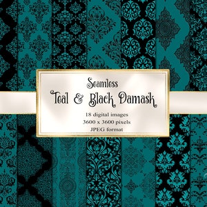 Teal and Black Damask Digital Paper, Gothic Digital Paper, seamless Victorian Backgrounds goth printable scrapbook paper