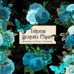 Turquoise Bouquets Floral Clip Art, digital instant download painted vintage watercolor png embellishments for commercial use