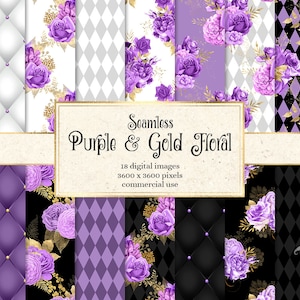 Purple and Gold Floral Digital Paper, lavender and gold printable scrapbook paper, vintage flower backgrounds, purple watercolor papers