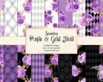 Purple and Gold Floral Digital Paper, lavender and gold printable scrapbook paper, vintage flower backgrounds, purple watercolor papers