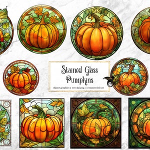 May include: A set of 12 digital clipart images of stained glass pumpkins. The pumpkins are orange with green stems and leaves. The images are ideal for autumn crafts and decorations.