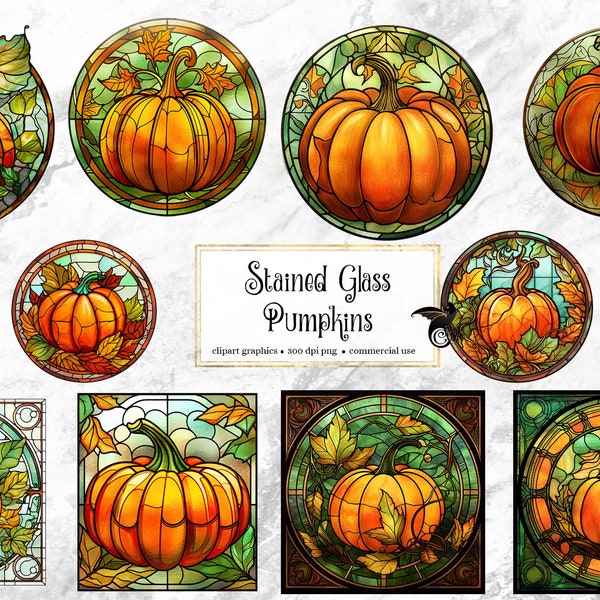 Stained Glass Pumpkins Clipart - fantasy clip art graphics and collage sheets for altered art or junk journals instant download