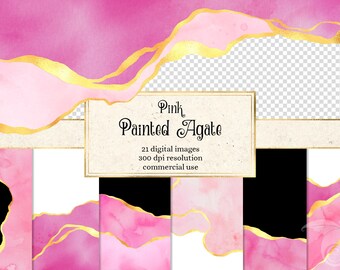 Pink Agate Gold Foil Borders, Watercolor Geode PNG Overlays (Digital Download)