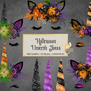 K&ouml;nnte beinhalten: Sechs digitale Illustrationen von Halloween-Einhorn-Gesichtern mit Glitzer und Blumenkr&auml;nzen. Die Kr&auml;nze bestehen aus orangefarbenen, violetten und gr&uuml;nen Blumen. Die Einh&ouml;rner haben schwarze, violette und goldene H&ouml;rner. Der Text "Halloween Unicorn Faces" befindet sich in der Mitte des Bildes.